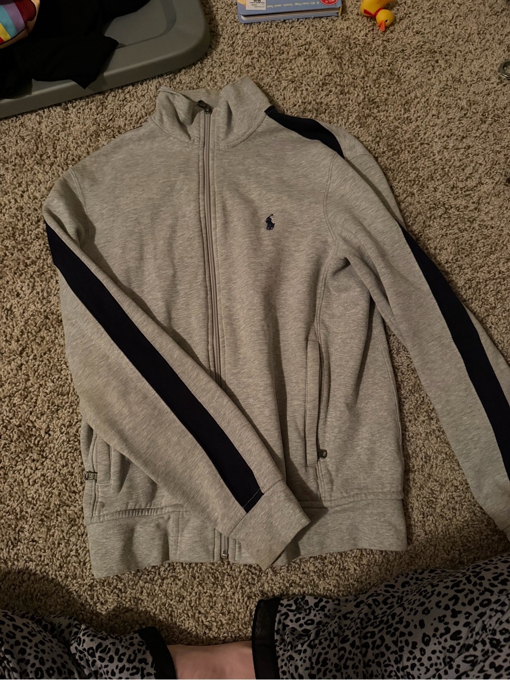 Polo by Ralph Lauren Light Gray Zip-Up Track Jacket with Navy Stripes